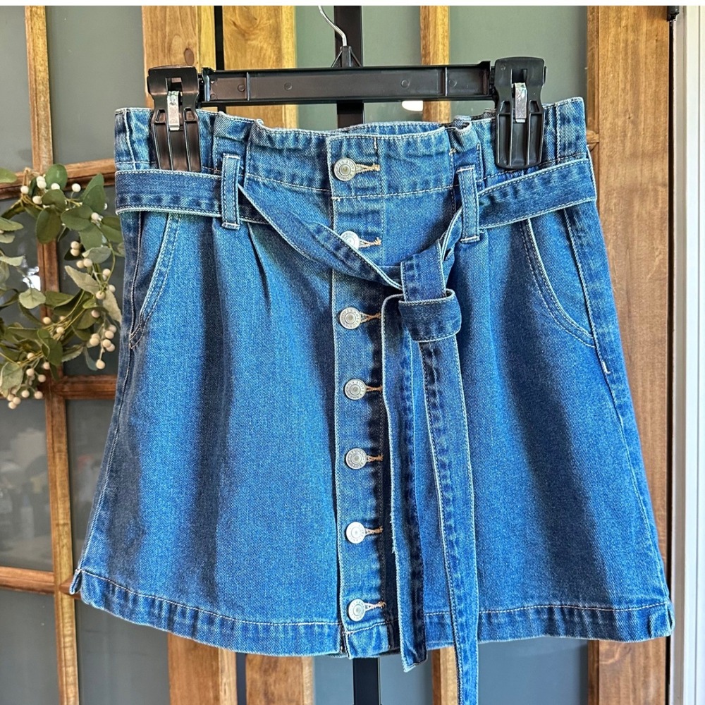 American Eagle Denim Skirt Women 2 Blue Super Hi-Rise A-Line Button Fly Tie Belt